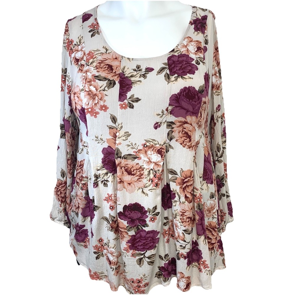 Torrid Blouse Floral Scoop Neck Long Sleeve 2X Pin‎ Tuck Flowy Boho Casual Work